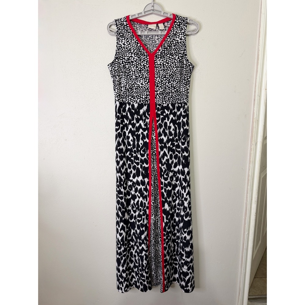 Chicos Mixed Animal Print Maxi Dress Black White Red Trim Sleeveless Size 0 S